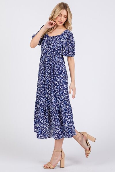 Ces Femme geblümtes Midikleid mit eckigem Ausschnitt und Puffärmeln