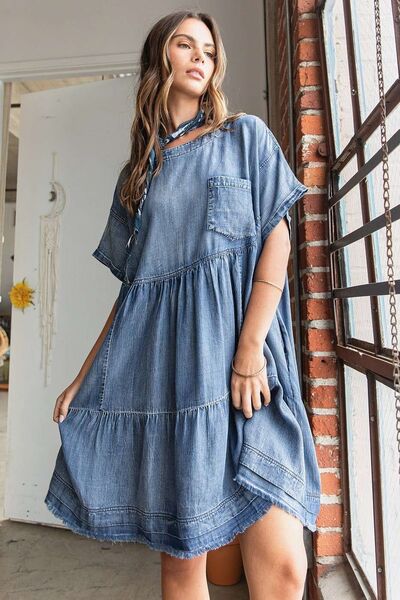 Mittoshop Washed Chambray Denim Oversized Stufen-Minikleid