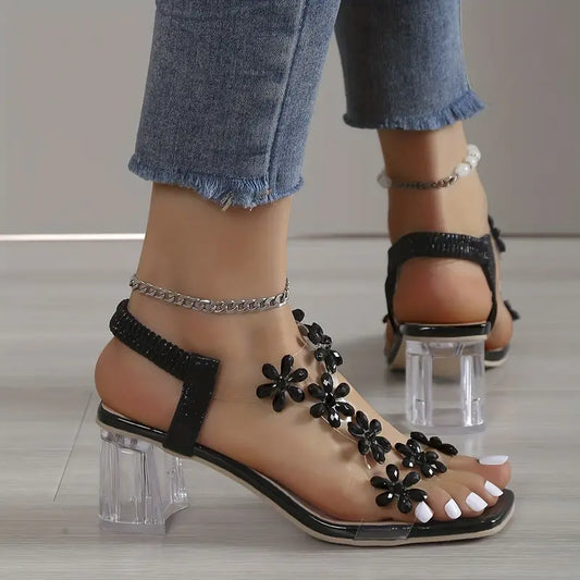 🔥 Dernière journée promotionnelle, 50 % de rabais - Sandales à talons carrés pour femmes avec strass et fleurs