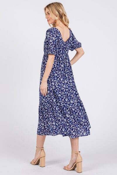 Ces Femme geblümtes Midikleid mit eckigem Ausschnitt und Puffärmeln