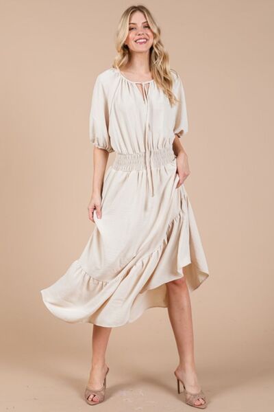 Ces Femme Gesmoktes Kleid mit elastischem Bund, Bindekragen und Puffärmeln