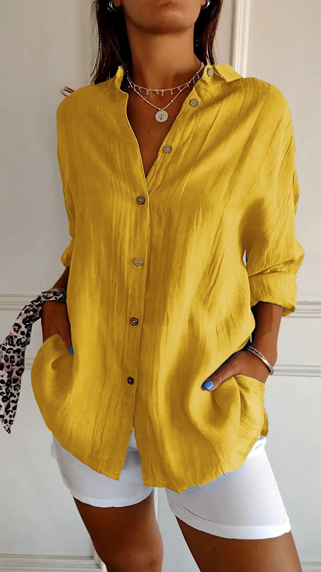 🌷Chemise classique plissée texturée à revers et simple boutonnage pour femme