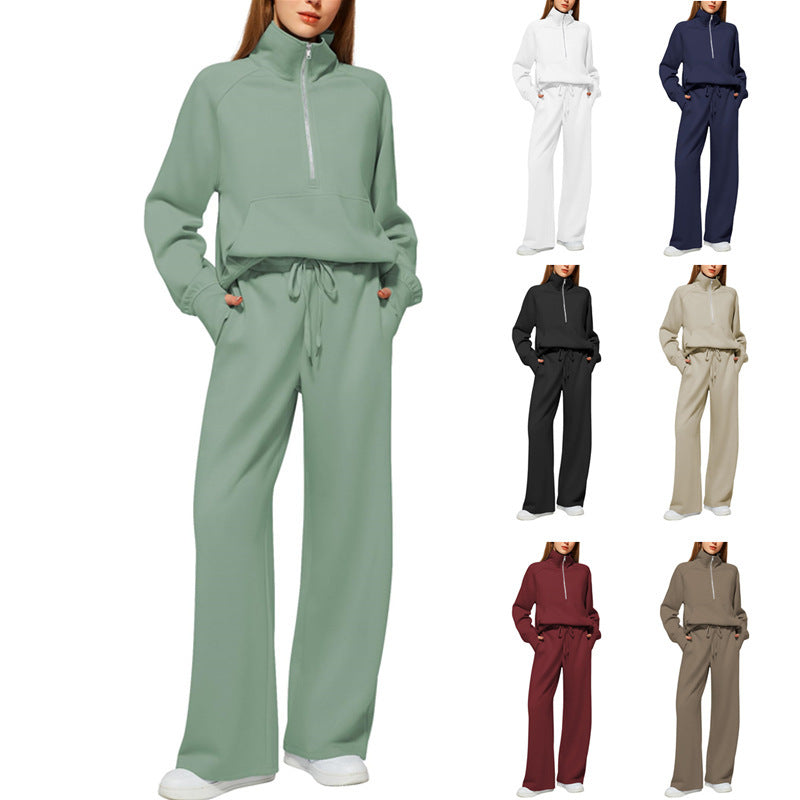 RÄUMUNGSVERKAUF🔥 Zweiteiliges Damen-Set aus Baumwolle mit halbem Reißverschluss in Unifarben