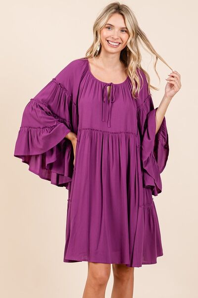 Mittoshop Glockenärmel-Kleid mit Rüschen-Bindekragen