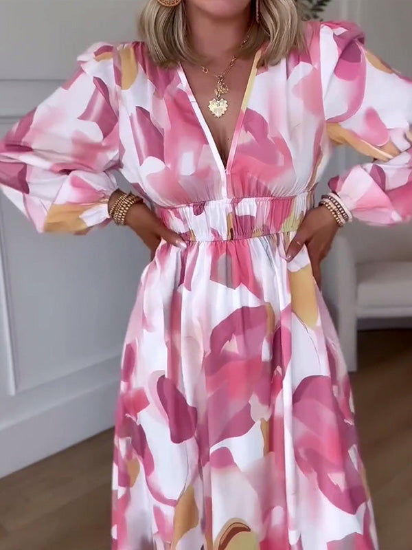 NOUVEAU🔥 Robe à manches longues imprimée et taille élastiquée