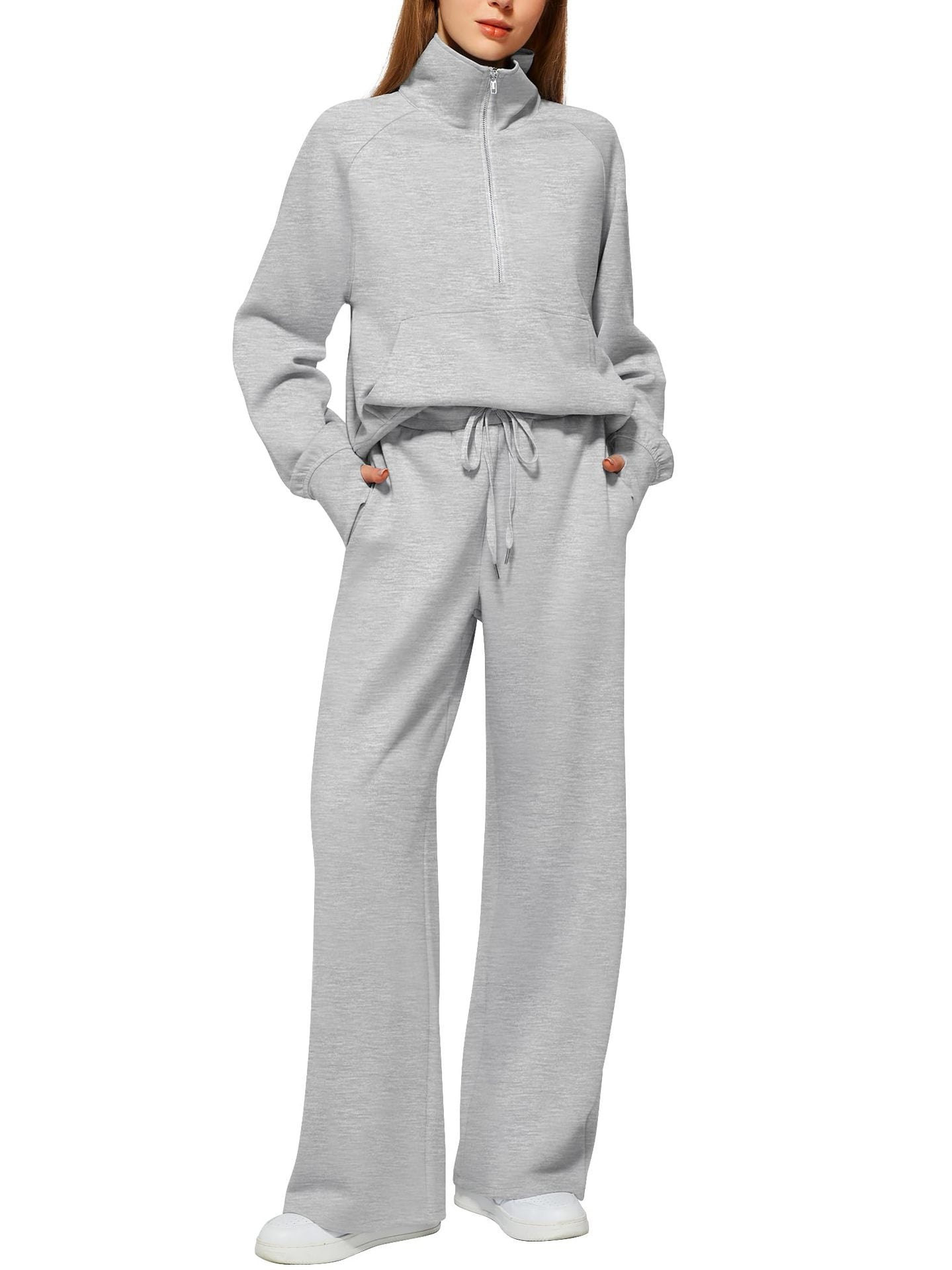 RÄUMUNGSVERKAUF🔥 Zweiteiliges Damen-Set aus Baumwolle mit halbem Reißverschluss in Unifarben