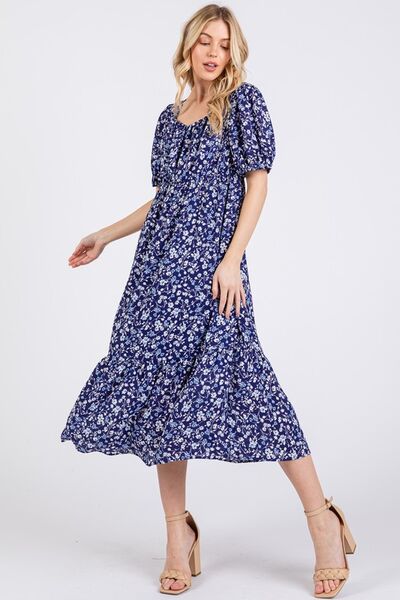 Ces Femme geblümtes Midikleid mit eckigem Ausschnitt und Puffärmeln