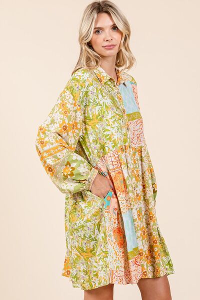Mittoshop Langärmeliges Hemdkleid mit Blumendetail und Knopfleiste