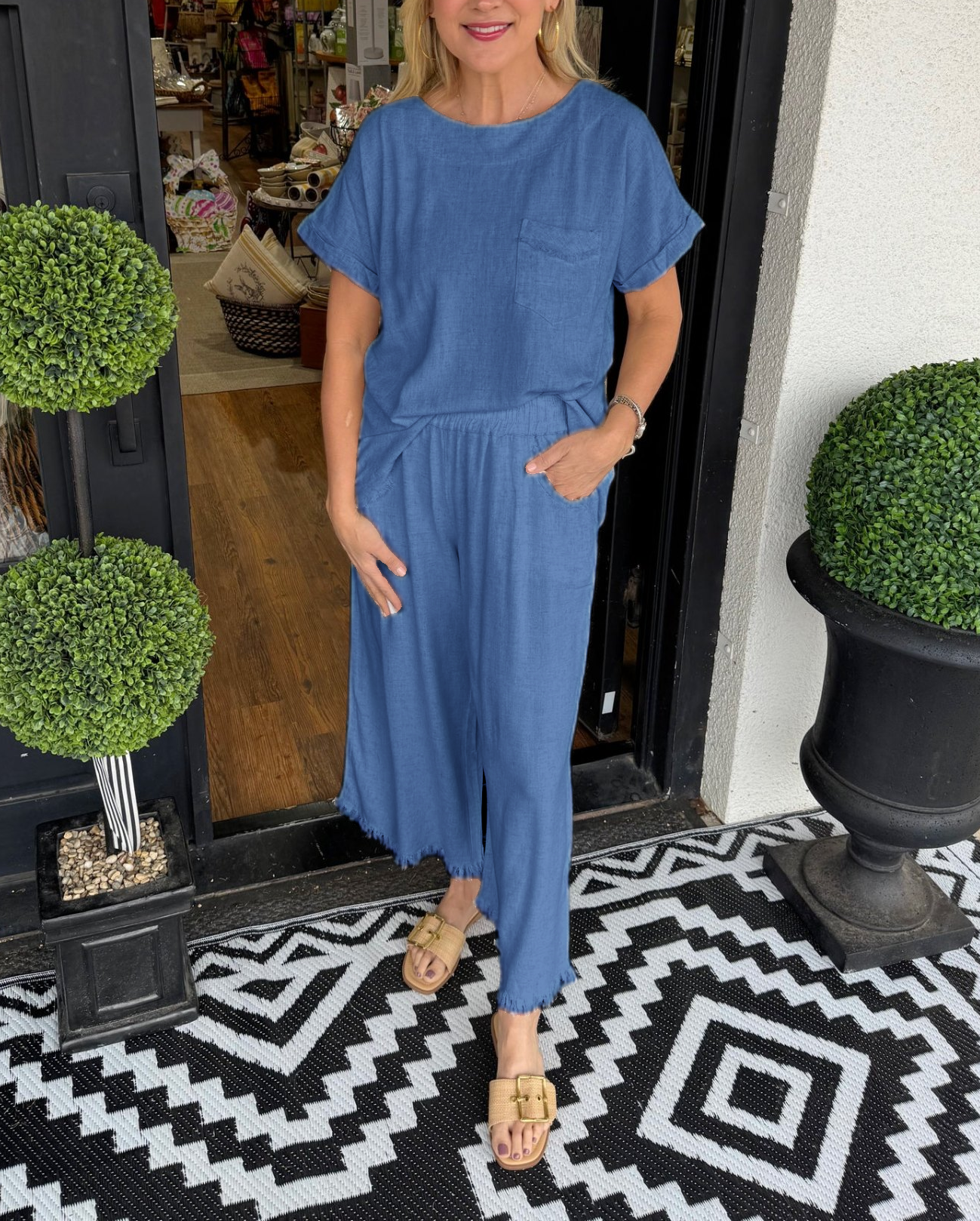Lässiges Lounge-Set für Damen aus Baumwollleinen, unifarben (2 kaufen, kostenloser Versand)
