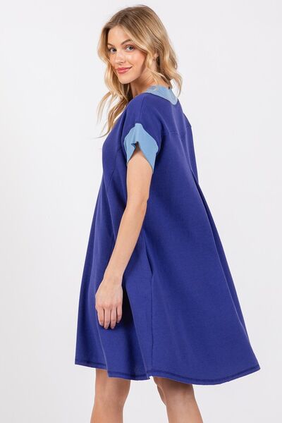 Ces Femme V-Ausschnitt Kurzarmkleid mit Kontrastbesatz