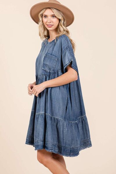 Mittoshop Washed Chambray Denim Oversized Stufen-Minikleid