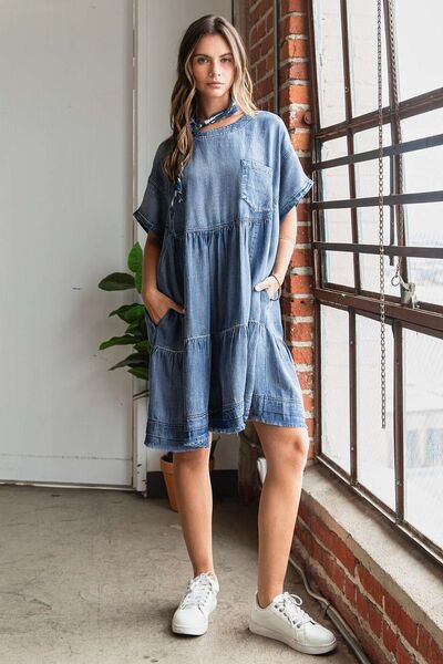 Mittoshop Washed Chambray Denim Oversized Stufen-Minikleid