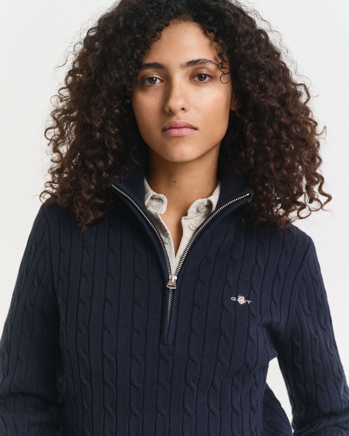 Stretch Cotton Cable Knit Half-Zip Sweater