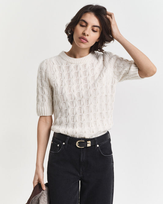 Puff Sleeve Cable Knit Short Sleeve Dress